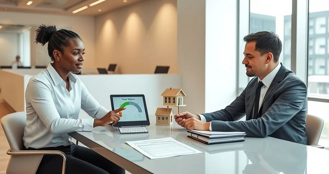Mortgage advisor shows clients a tablet with icons for credit score house model coins and calendar beside organized documents in a modern office