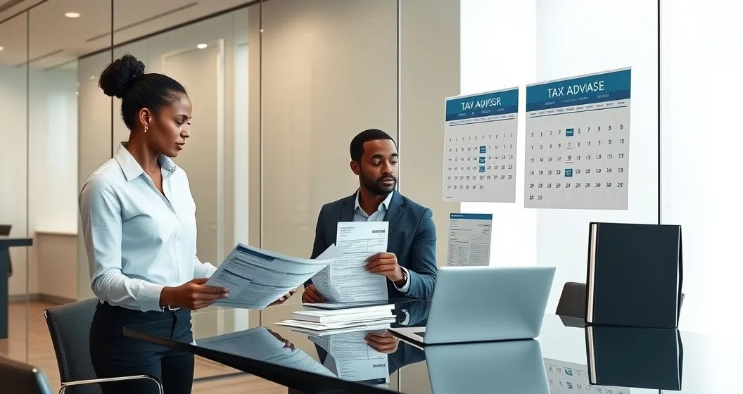 Three diverse professionals in a modern conference room reviewing tax documents and pointing to a calendar and binder representing upcoming federal tax law changes