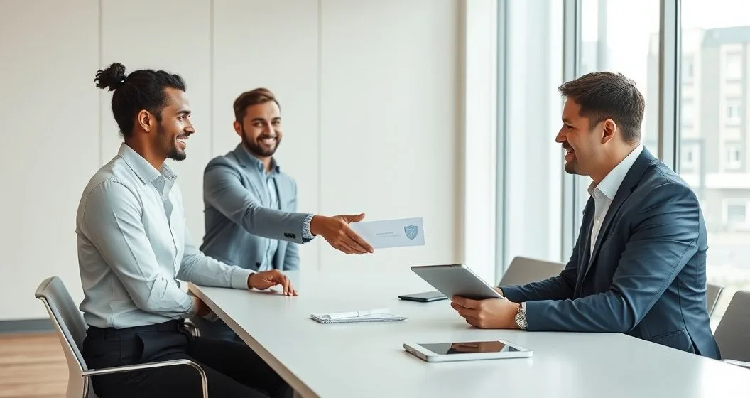 Two business owners and an insurance advisor in a modern conference room shaking hands as the advisor slides an envelope and a tablet with a shield icon sits on the table representing funded buy out and key person protection