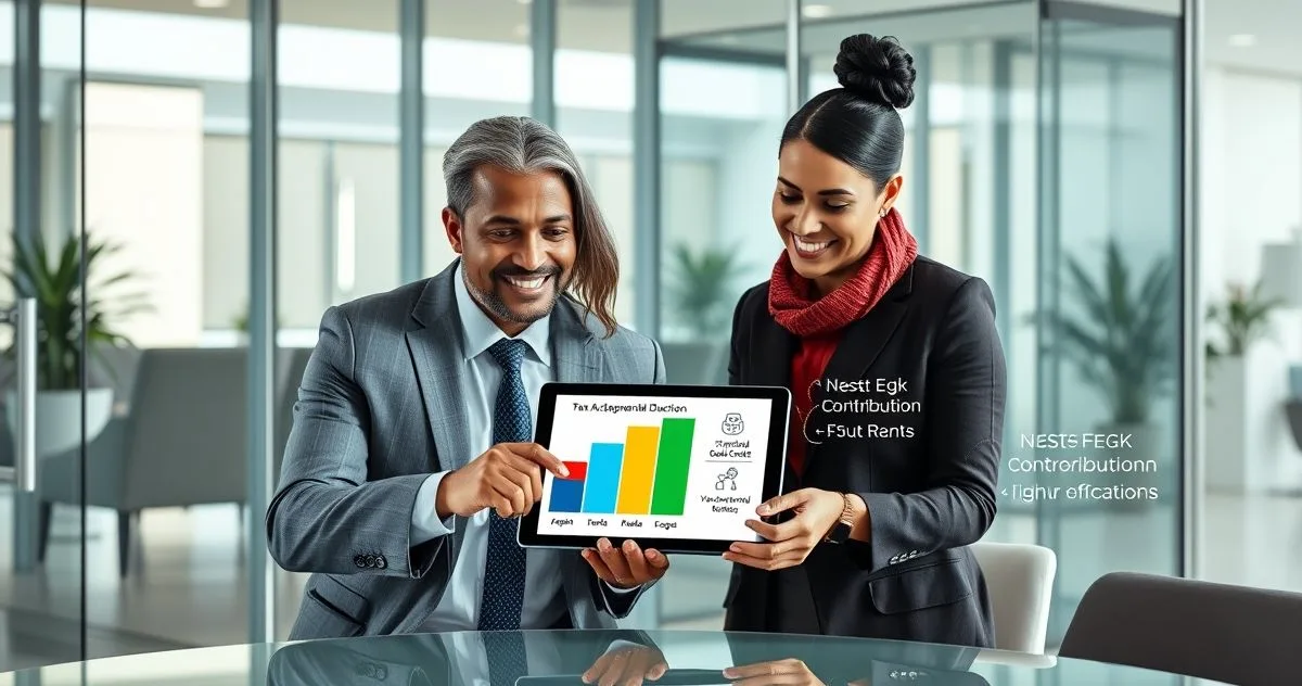 Financial advisor explains updated tax brackets standard deduction child tax credit and higher retirement contribution limits to a diverse couple using a tablet in a modern conference room