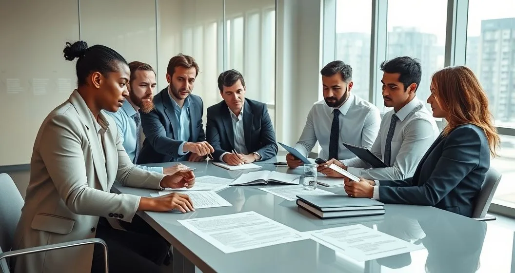 Tax professionals reviewing annotated court opinions and a blurred timeline of cases in a modern conference room