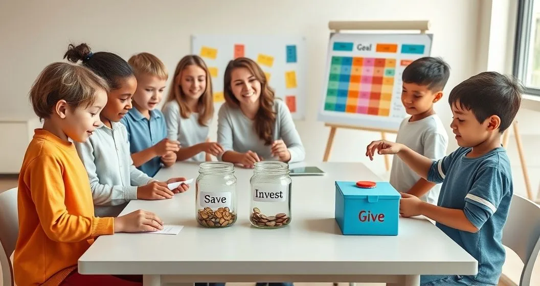 Diverse children and a teacher around a table using labeled Save Invest Give jars coins cards and a charity box for a hands on lesson on saving investing and giving