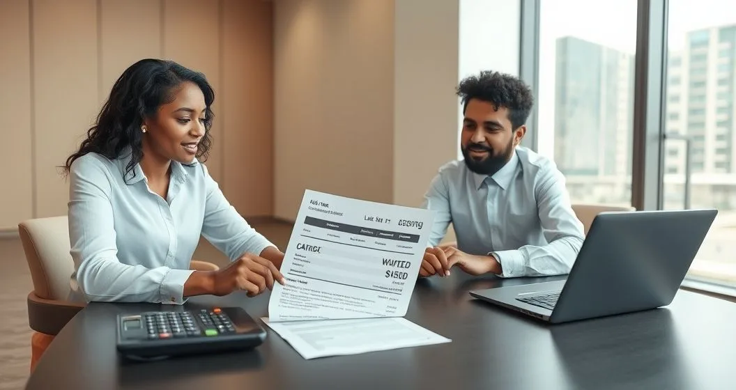 Advisor and client at a conference table reviewing a billing statement with a highlighted late fee and a Waived stamp being applied