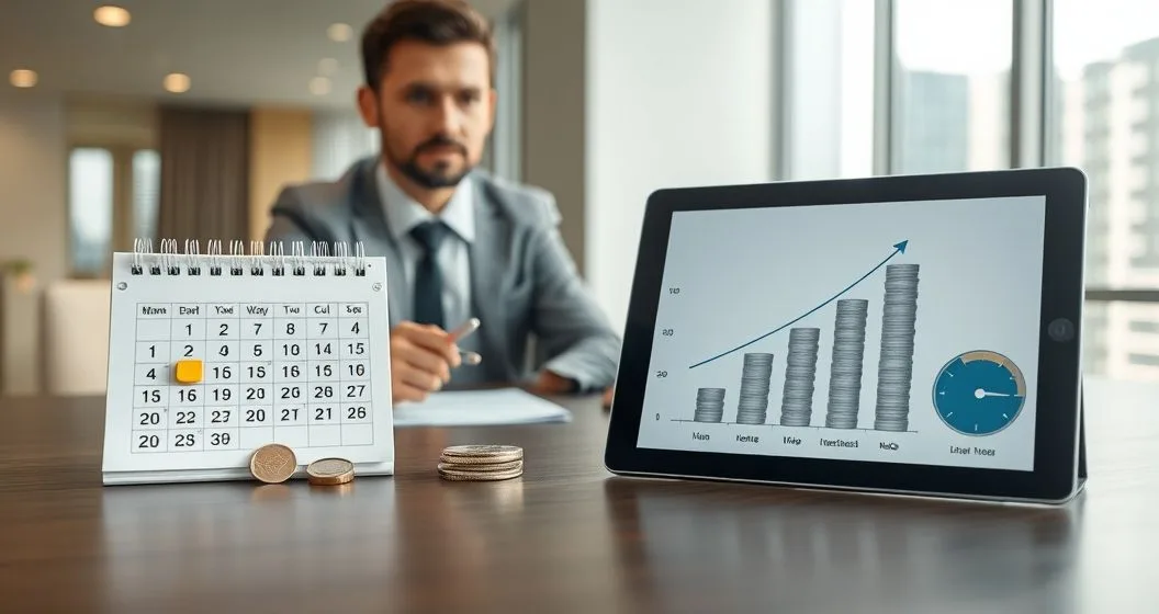 Advisor and client comparing a calendar marked for a single late fee and a tablet showing rising stacked coins for default interest.