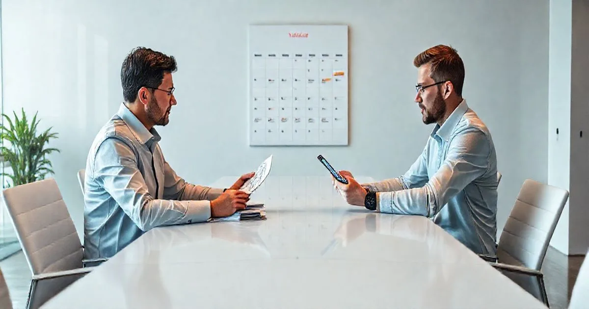 Loan officer and gig worker reviewing bank statements tax documents and a smartphone cash flow graph with a calendar showing seasonal peaks in a modern office