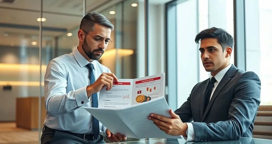 Loan officer and borrower in a modern conference room reviewing a loan file with red flagged symbols for cryptocurrency gambling and startup funding indicating high risk uses