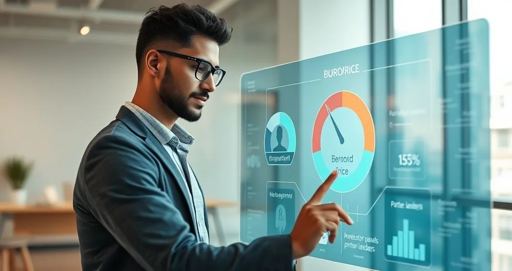 Fintech professional using a transparent touchscreen showing a borrower profile, an automated risk score gauge, and branching pipelines to investor pools and partner lenders