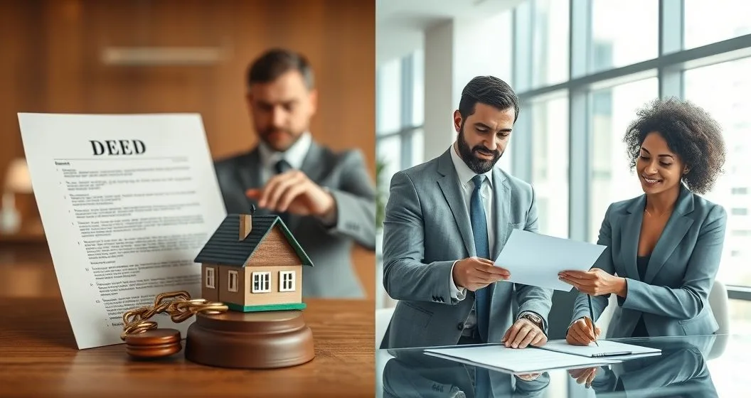 Split corporate photo of a deed and house with a chain on one side and a bank officer handing levy paperwork to a taxpayer on the other