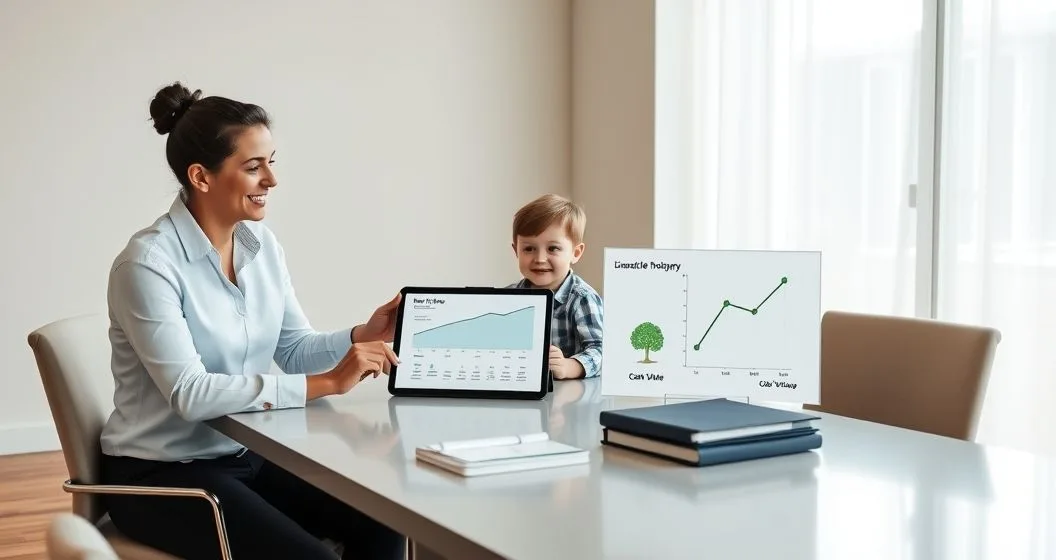 Financial advisor explaining term versus permanent life insurance to a young family using tablet diagrams in a modern office