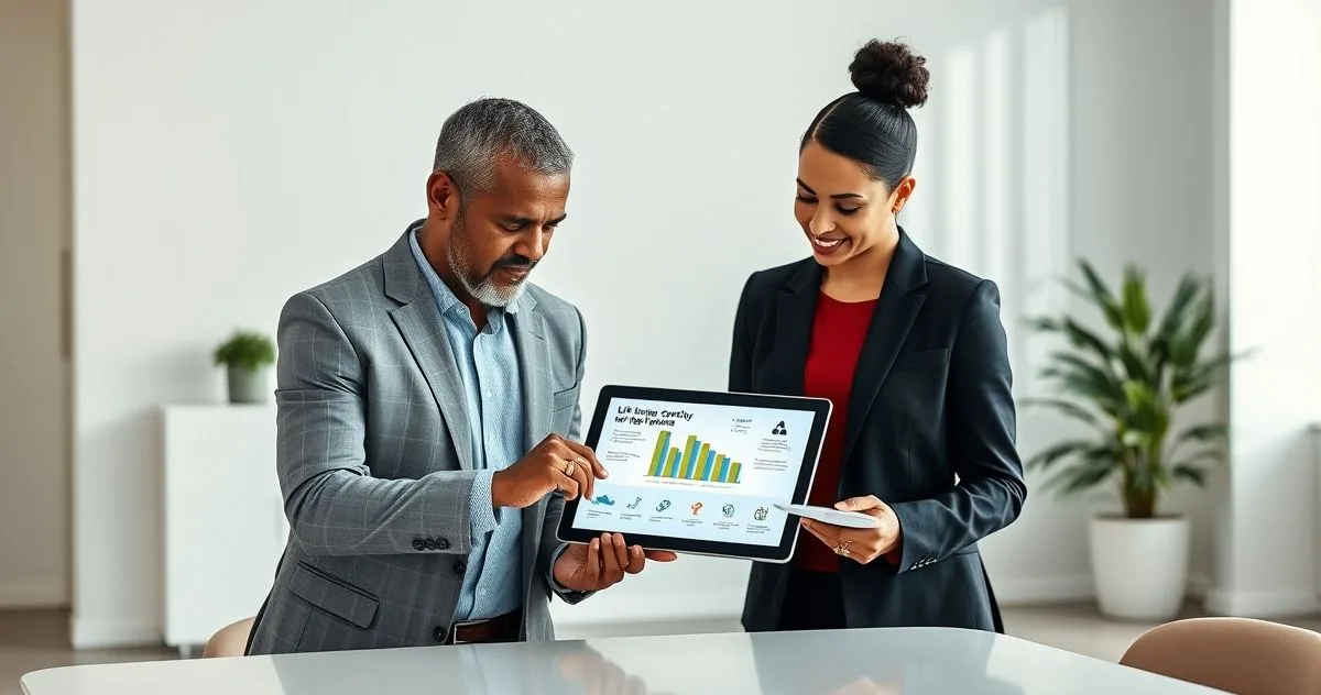 Financial advisor showing a tablet infographic of life insurance and trust icons to a diverse couple at a modern conference table