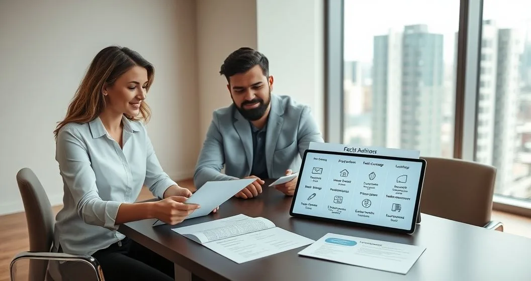 Financial advisor explains life insurance types and coverage to a diverse couple using a tablet infographic in a modern office