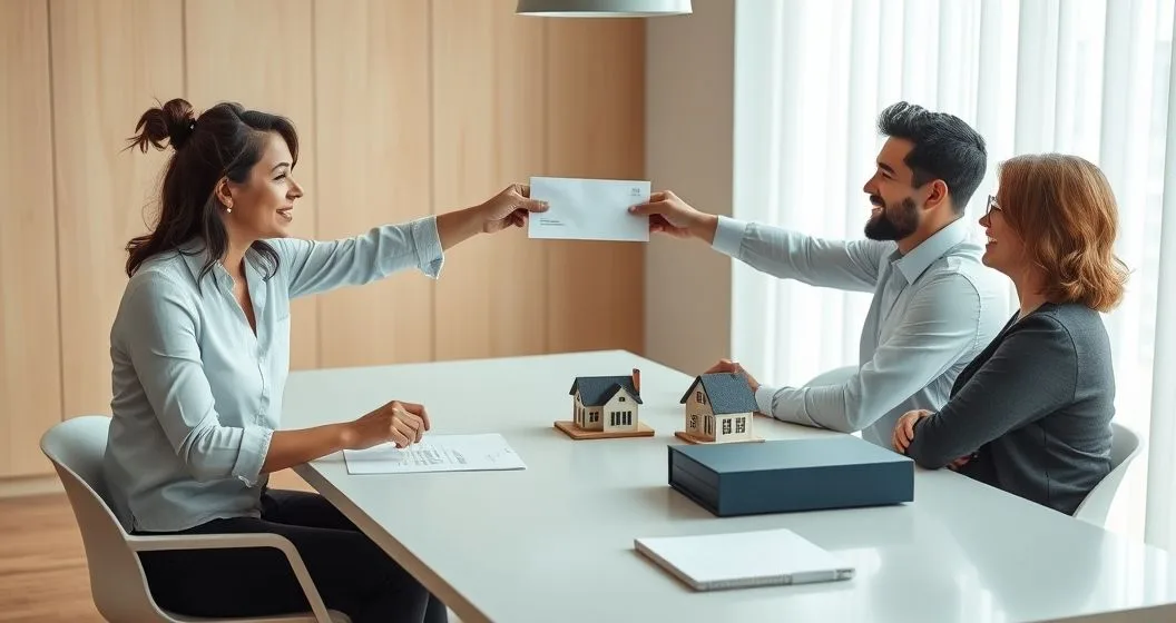 Financial advisor giving a life insurance payout envelope to a diverse family at a conference table with a model house and trust folder visible