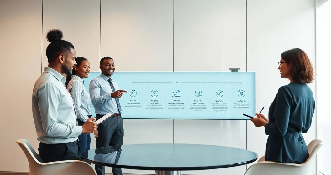 Financial advisor and diverse clients around a touchscreen timeline showing four life stages with icons and financial charts