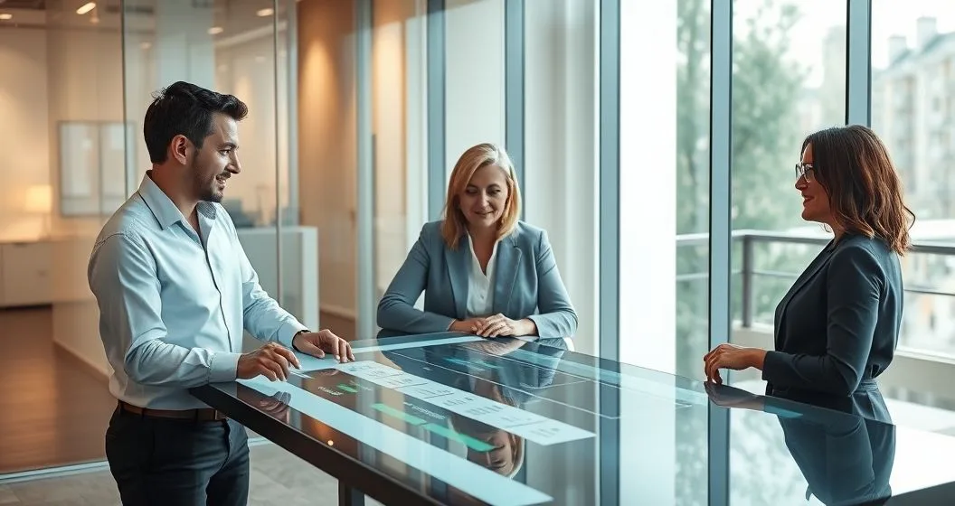 A financial advisor with three clients at different life stages around a touchscreen table pointing at a layered timeline illustrating changing goals and allocations