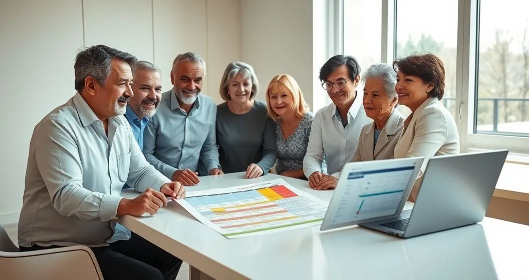 Financial advisor and clients reviewing a printed year by year gifting calendar with color coded envelopes on a conference table.