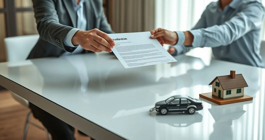 A loan officer hands a formal letter to a borrower across a conference table with a small house model and car keys on the table signaling loan acceleration and potential foreclosure