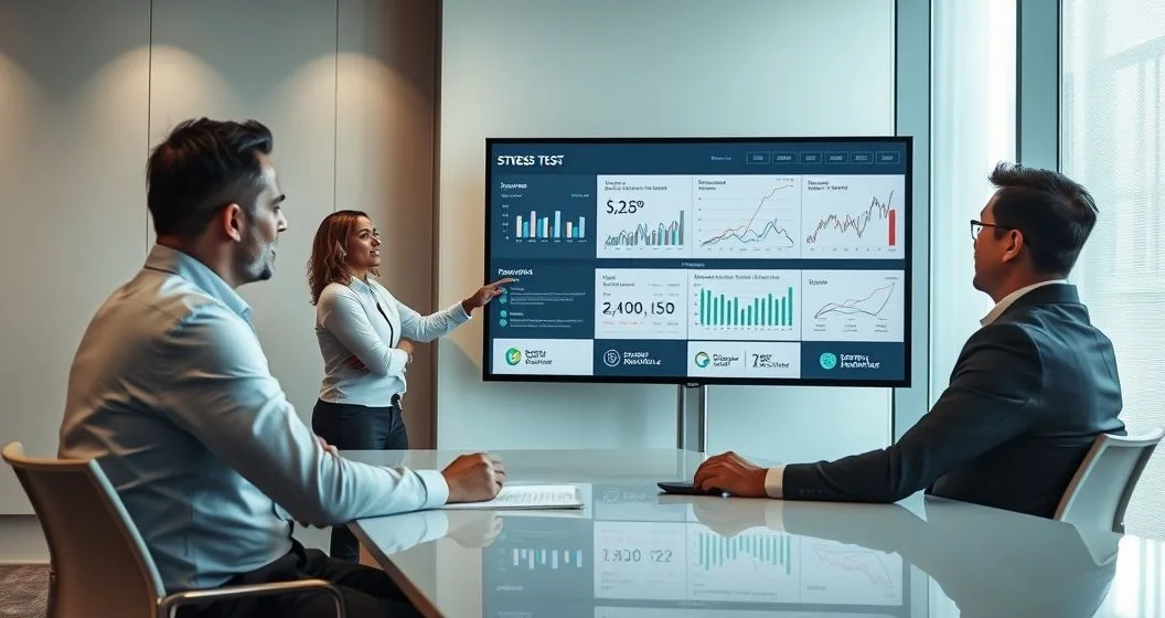 Loan officer and analyst showing stress test scenarios to a client on a monitor in a modern office