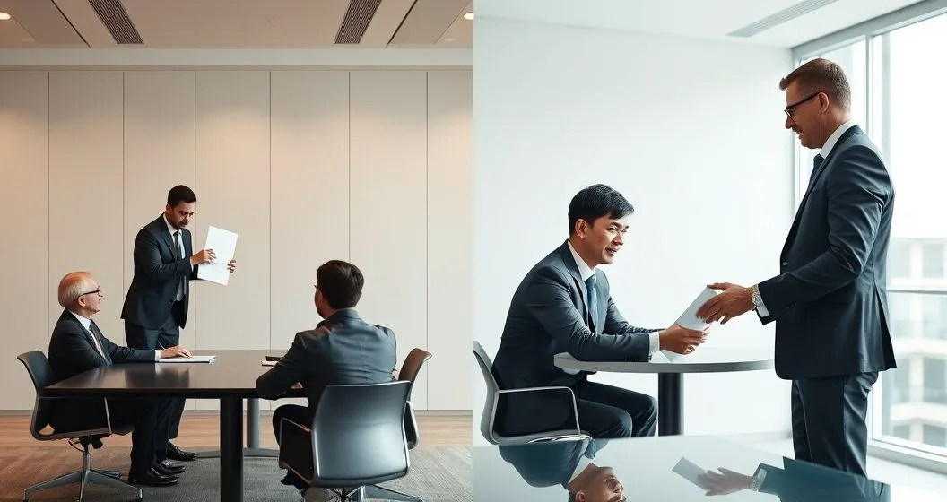 Split scene of loan assignment and novation in a corporate meeting with file handover and handshake with signing