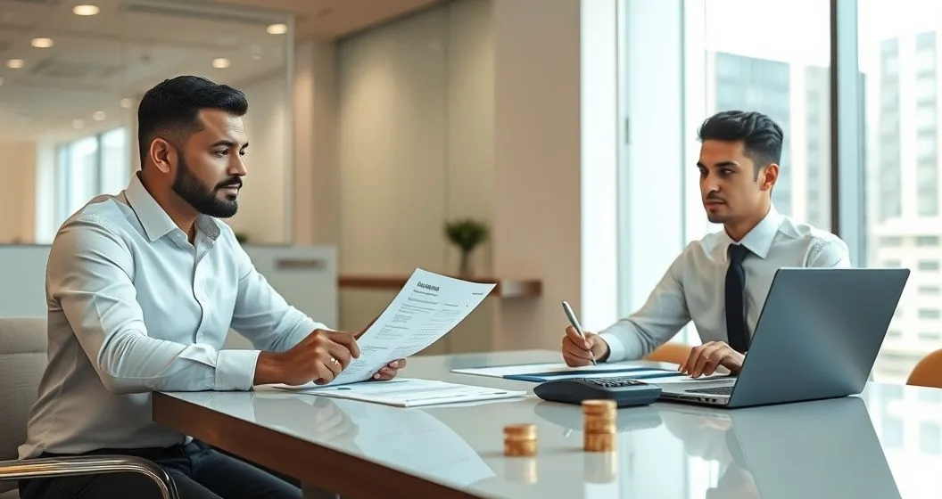 Diverse buyer and loan officer at a modern office table reviewing a mortgage assumption checklist while an assistant uses a laptop and calculator with coins nearby