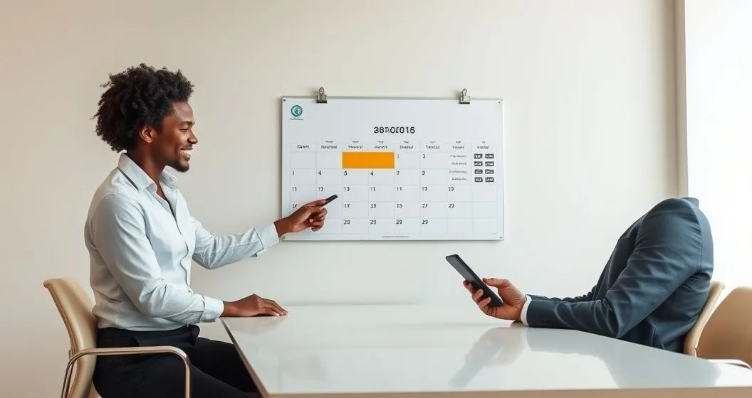 Loan officer points to calendar dates while borrower schedules a payment on a smartphone to illustrate when loan charges post