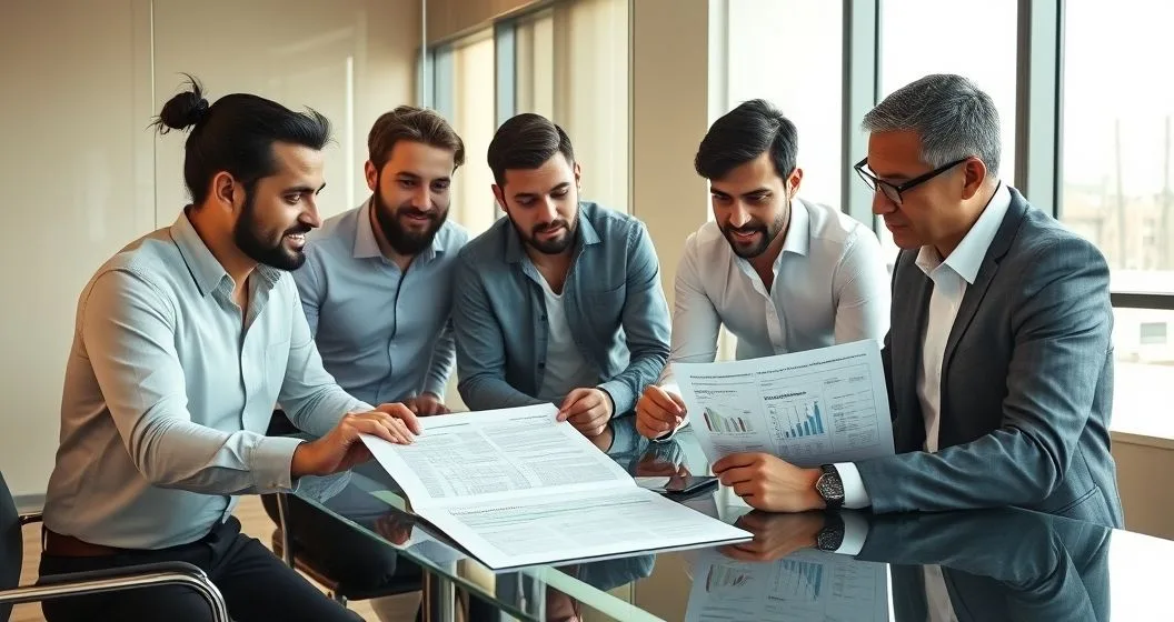 Diverse founders and a lending advisor reviewing a printed playbook and laptop with financial charts during a covenant negotiation in a modern conference room