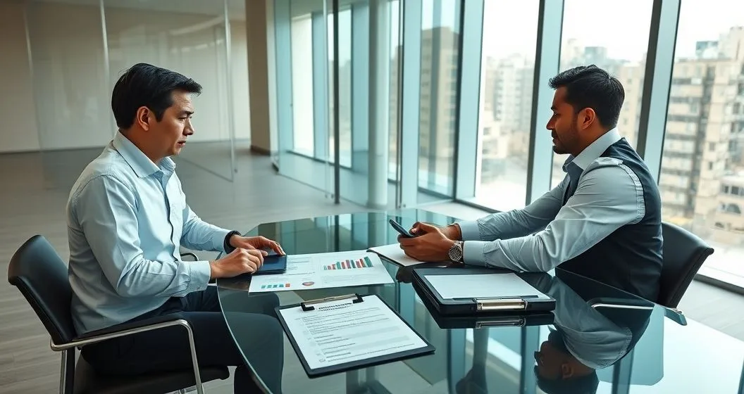 Two professionals reviewing a loan agreement with a tablet showing financial charts and a clipboard checklist illustrating financial covenants and positive covenants in a modern conference room