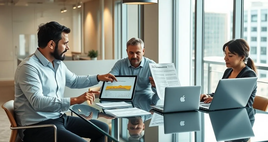 Founders and lender reviewing loan covenants on a tablet at a conference table