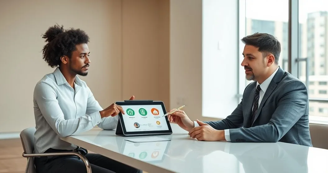 Financial counselor and borrower at a minimalist conference table reviewing a tablet with icons representing default consequences and repair options