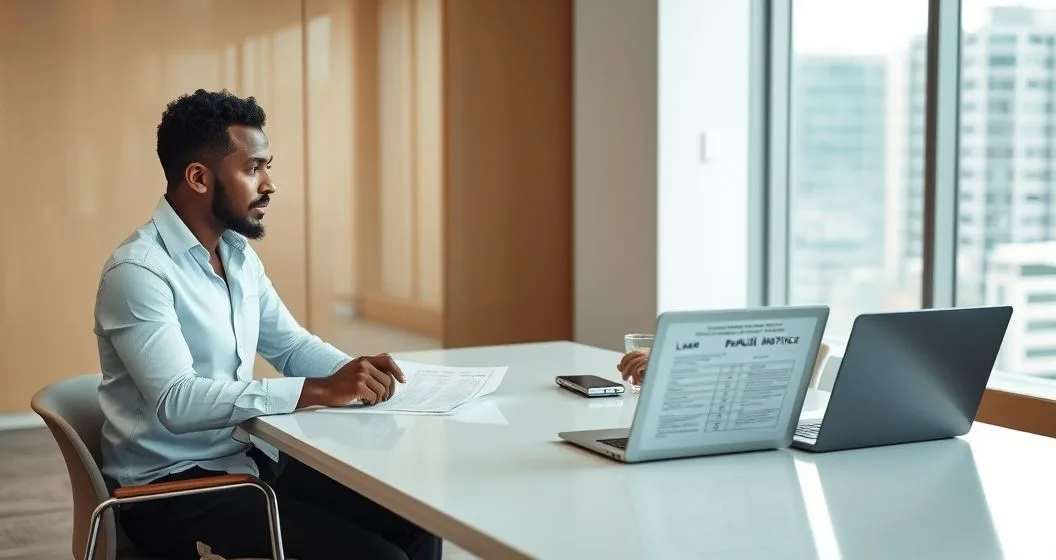 Borrower and financial advisor reviewing a printed loan default notice at a conference table with laptop open to a repayment plan.