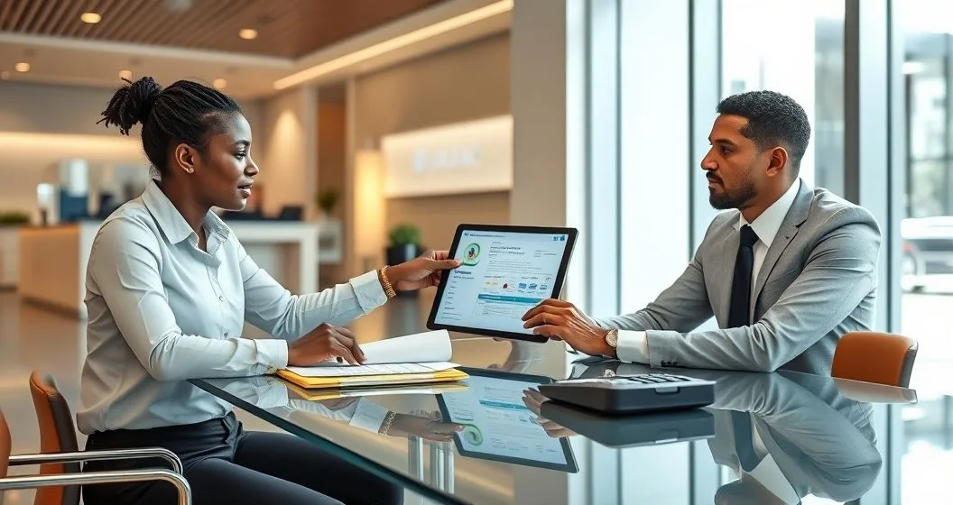 Loan officer shows tablet to applicant highlighting red flag indicators like low credit high debt and missing documents at a modern bank table