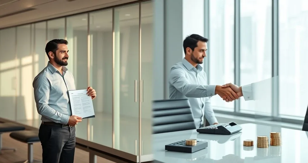 Split view with a counselor giving a document to a relieved borrower on the left and a borrower and lender shaking hands over a calculator and small coins on the right in a modern office