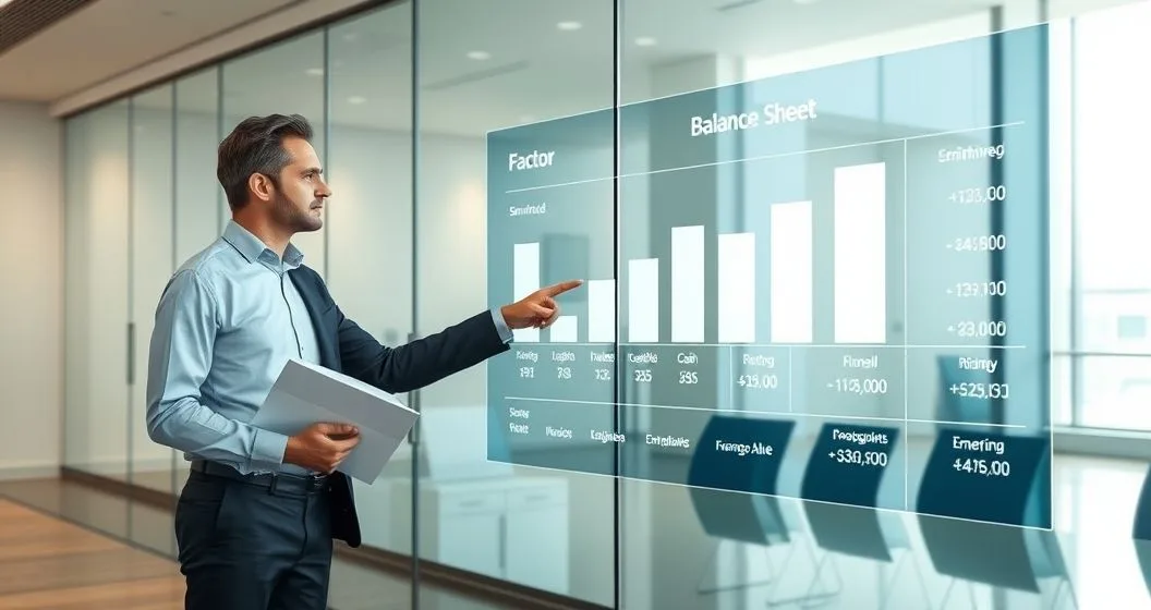 Two professionals in a boardroom beside a transparent digital balance sheet showing accounts receivable decreasing, cash increasing, and a new liability appearing while a plain folder of invoices is handed over.