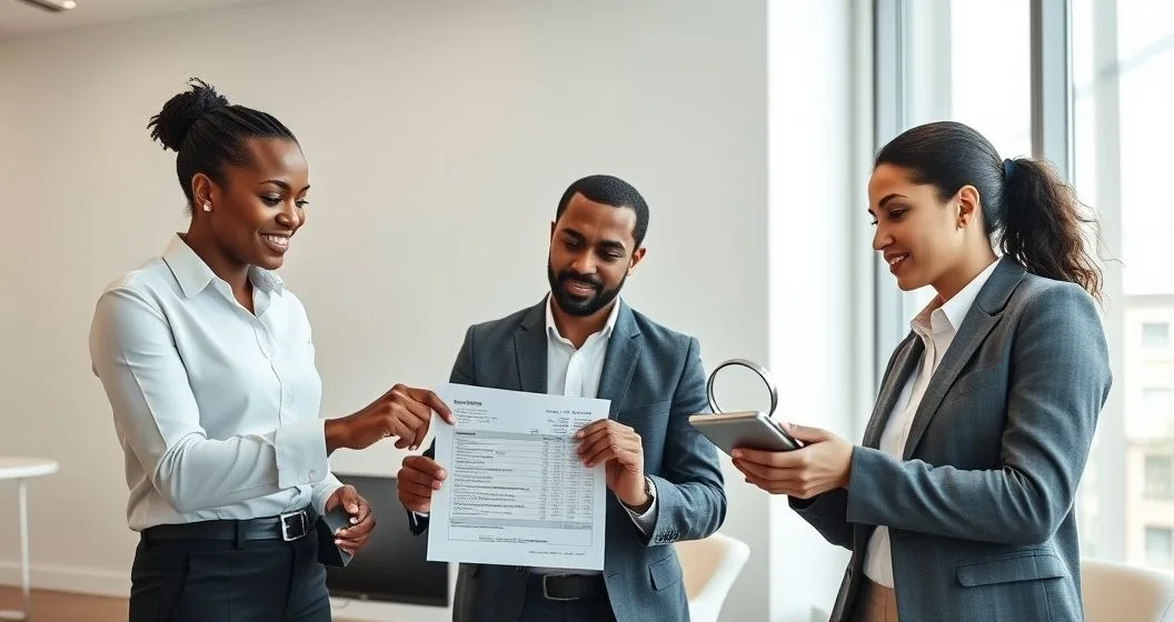 Loan officer pointing at an itemized loan statement as clients inspect fee line items with a magnifying glass and a calculator in a modern office
