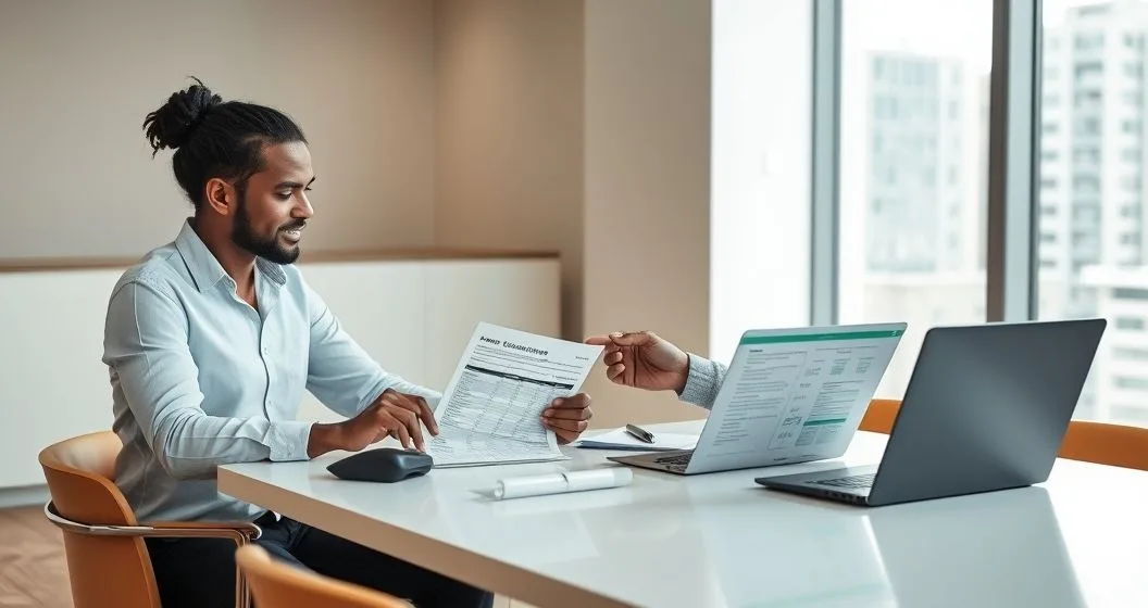 A tax advisor points to financial documents as a borrower listens attentively at a modern office table