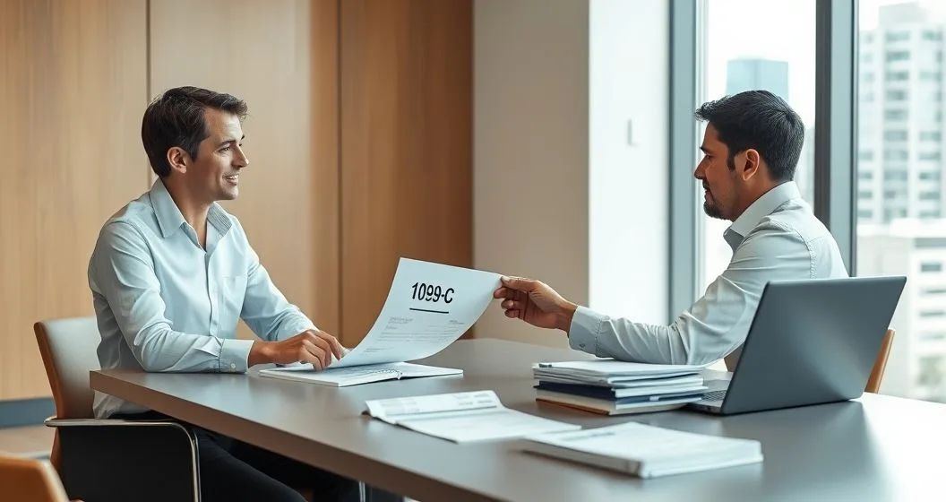 Financial advisor pointing to a paper labeled 1099-C while advising a borrower at a minimalist conference table with a laptop and loan documents