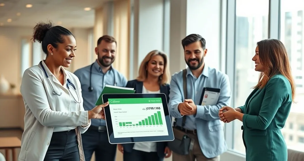 Diverse public service workers with a financial counselor viewing a tablet showing loan forgiveness approval they react with relief in a modern conference room