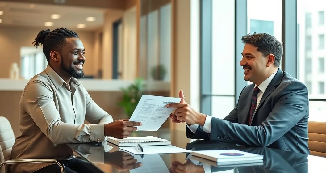 Minority business owner receiving an official guaranty document from a community representative with a bank loan officer at a conference table in a modern office