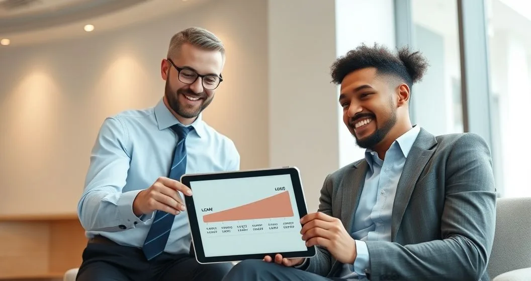 Loan officer and borrower reviewing a tablet showing a reduced payment timeline in a modern office