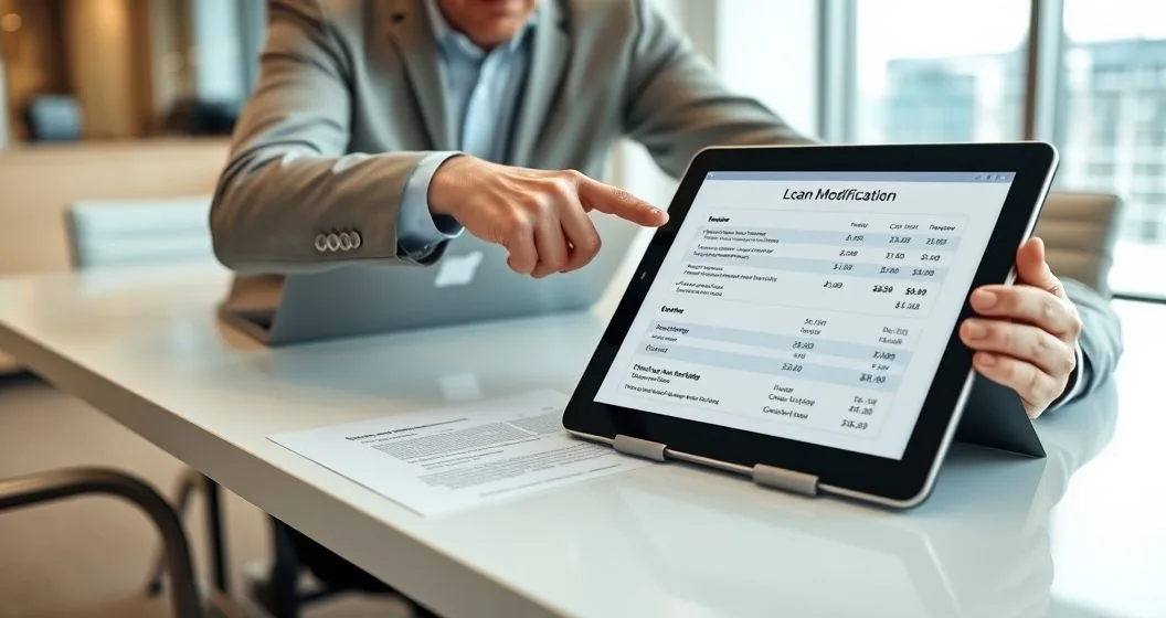 Diverse borrower and loan officer reviewing a loan modification and a blurred credit report on a tablet in a modern office.
