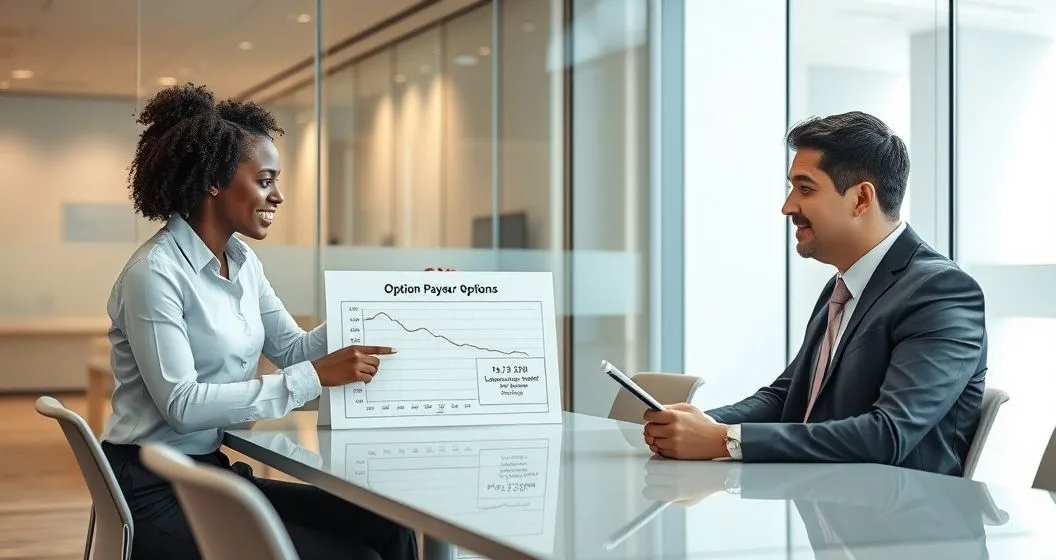 Borrower and loan officer in a modern office reviewing two visual options one for loan modification and one for refinance as the officer points and the borrower considers