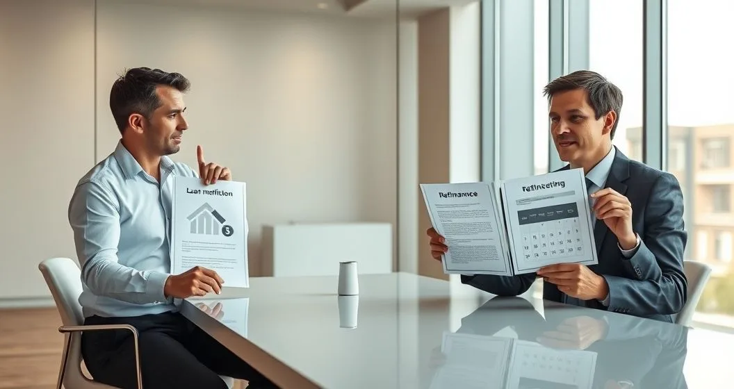 Three people at a conference table with advisors comparing two documents representing loan modification and refinancing in a modern office