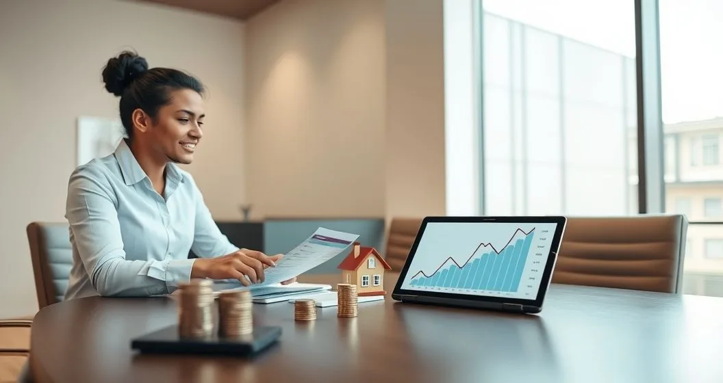 Loan officer and borrower reviewing a loan estimate on a conference table with cash stack house model with coins and a tablet showing a rising interest graph to illustrate fee choices