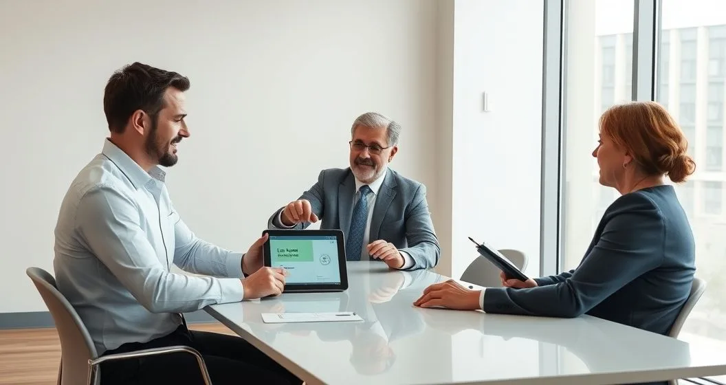 Three diverse bankers at a conference table review a tablet showing a loan split into participation shares as the lead banker points to the servicing portion.