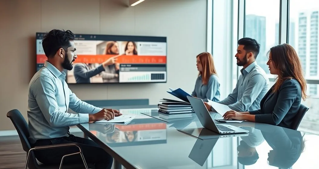 Diverse loan resolution team reviewing a borrower's case at a conference table with a monitor and evidence folders in a modern office