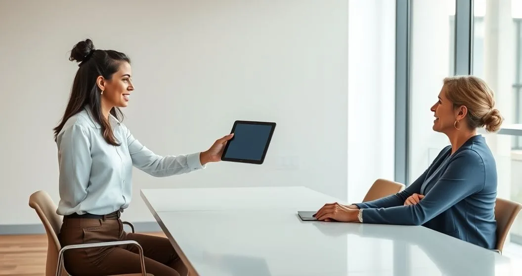 Two loan servicers exchange a tablet across a conference table while a homeowner watches, illustrating a loan servicing transfer