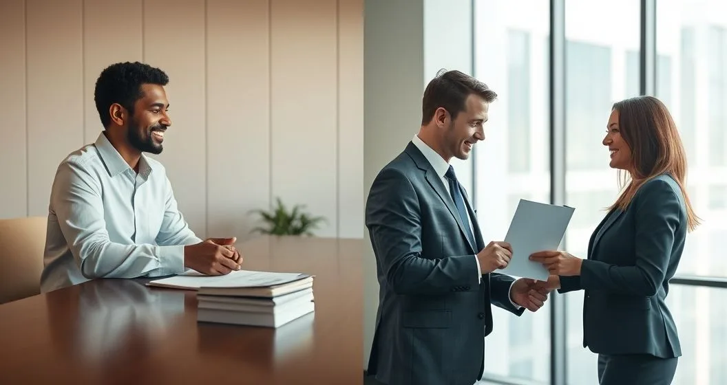 Split corporate scene showing a borrower settling with a bank officer and a bankruptcy attorney giving a client a discharge letter
