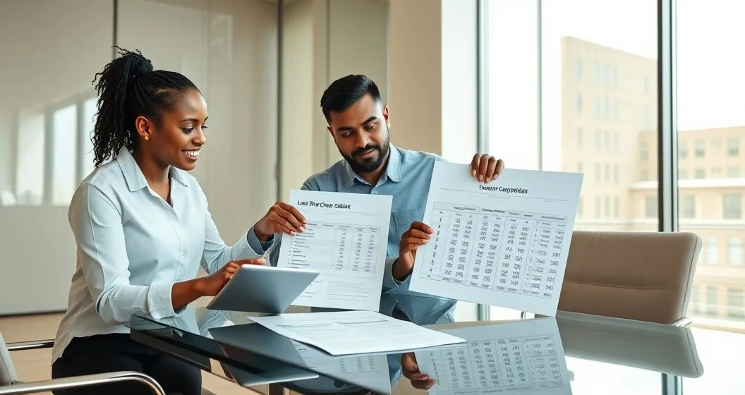 Borrower and financial advisor review a loan shopping checklist and lender comparison on tablet and paper in a modern office