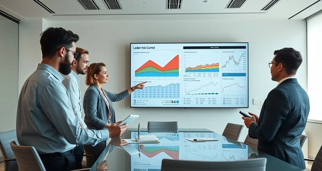 Lending analysts review layered stress scenario graphs and a borrower risk heatmap on a large monitor in a modern conference room