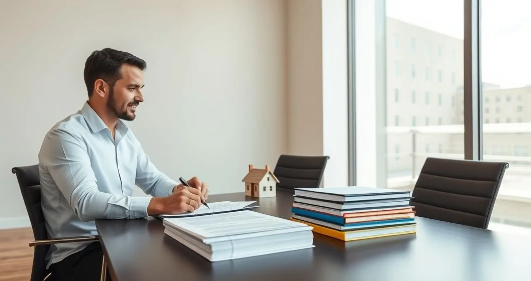 A borrower and loan officer sit at a clean conference table reviewing and signing a subordination agreement. A small house model sits beside stacked documents with colored tabs indicating first and second mortgage priority. A laptop and calculator are softly blurred in the background.