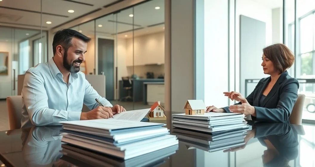 Homeowner and loan officer signing a subordination agreement at a conference table with a small house model and mortgage folders, legal advisor observing